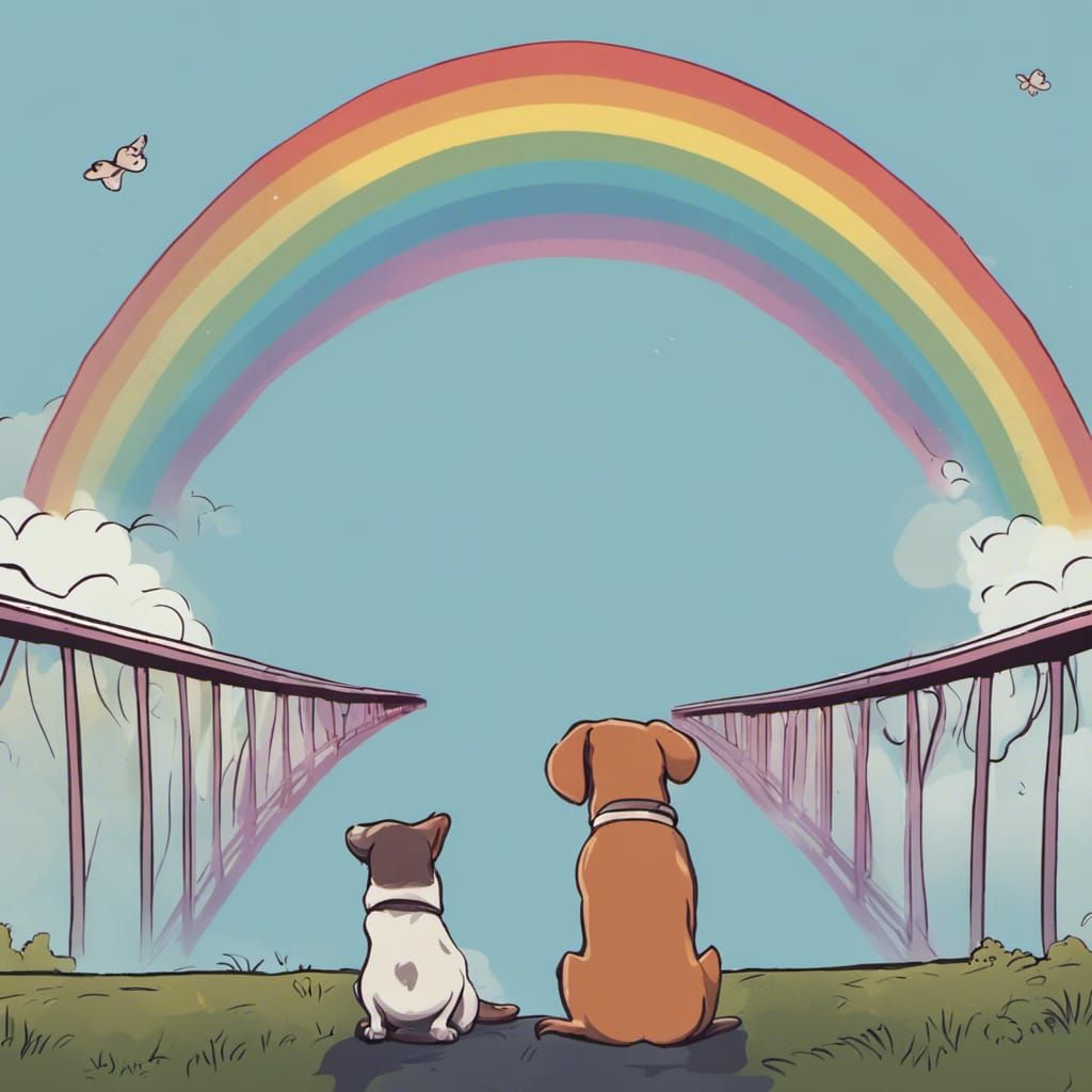 A Dog On One Side Of The Rainbow Bridge And A Person With Tearful Eyes 