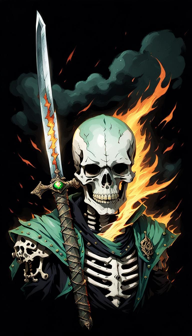 A skeleton wearing tattered, black clothes. He holds a sword...