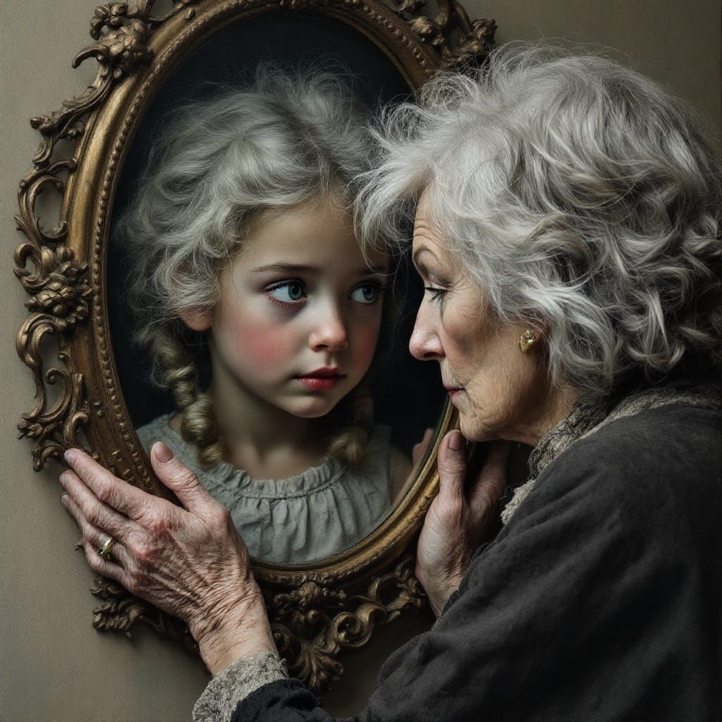 An old woman looks in the mirror and sees her younger self causing her to think about who she could have been if she’d followed her heart.  by @Andrea Angel