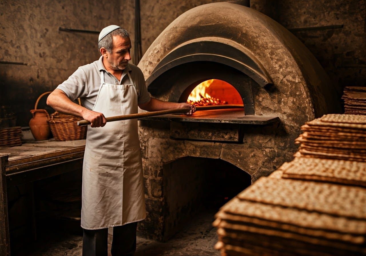 Traditional Matzah Baker in a Crisp White Apron
