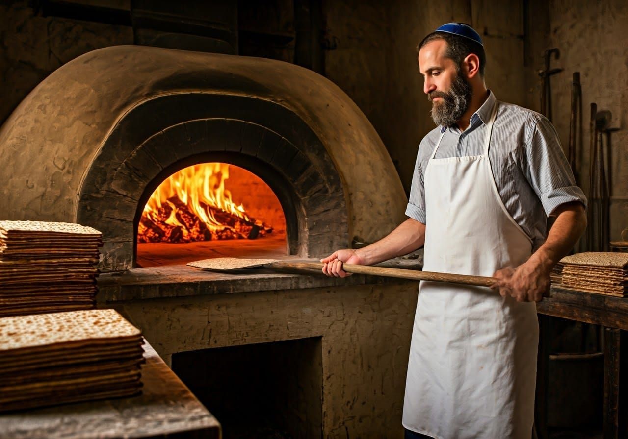 Baker Slides Matzot into Ancient Brick Oven
