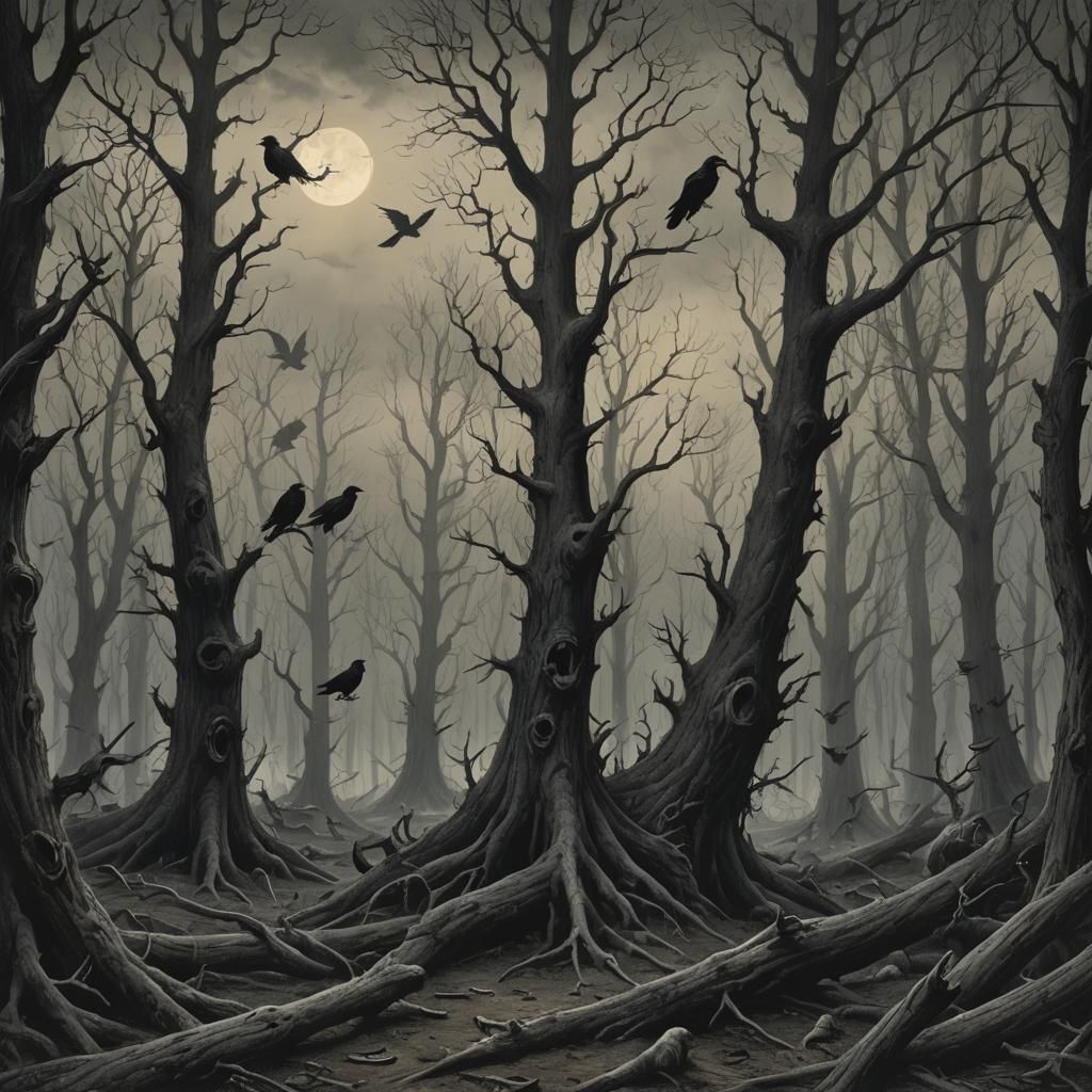 horror forest with dead trees, ravens 3