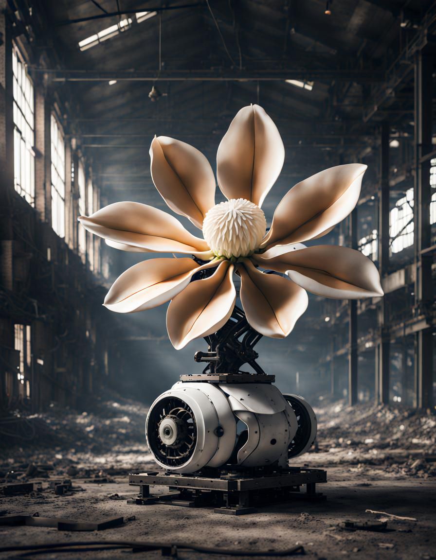 Robotic biomimicry mechanical Magnolia flower in dystopian a...