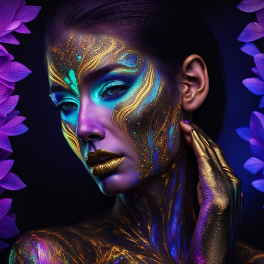 mesmerizing blacklight makeup, mica powder, highly detailed, digital