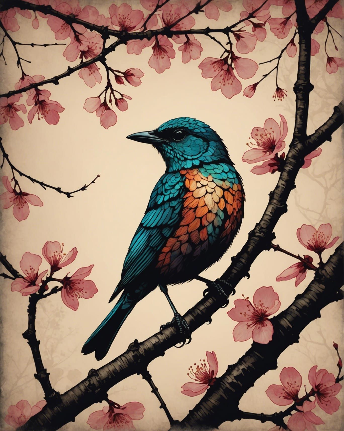 double exposure A bird perched on a cherry blossom branch si...