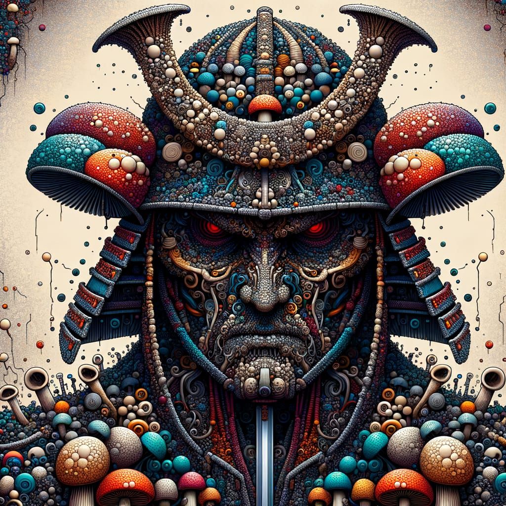 A samurai made out of mushrooms. No eyes, no mouth, no nose, hyper  detailed, 2d, Gritty, dark, a masterpiece, intricate motifs, vivid  colors... - AI Generated Artwork - NightCafe Creator