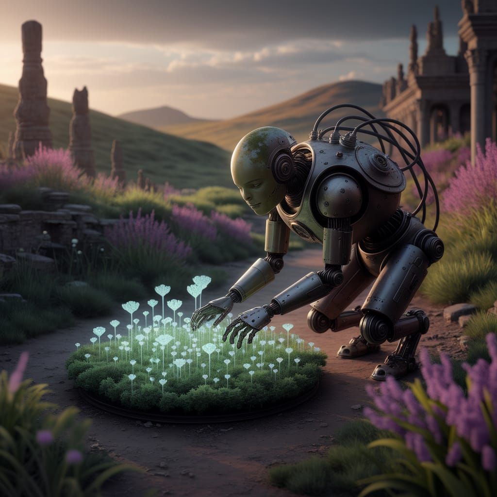An ancient, moss-covered automaton meticulously tends to a garden of bioluminescent flora on a forgotten planet. Its metallic body is weathe...
