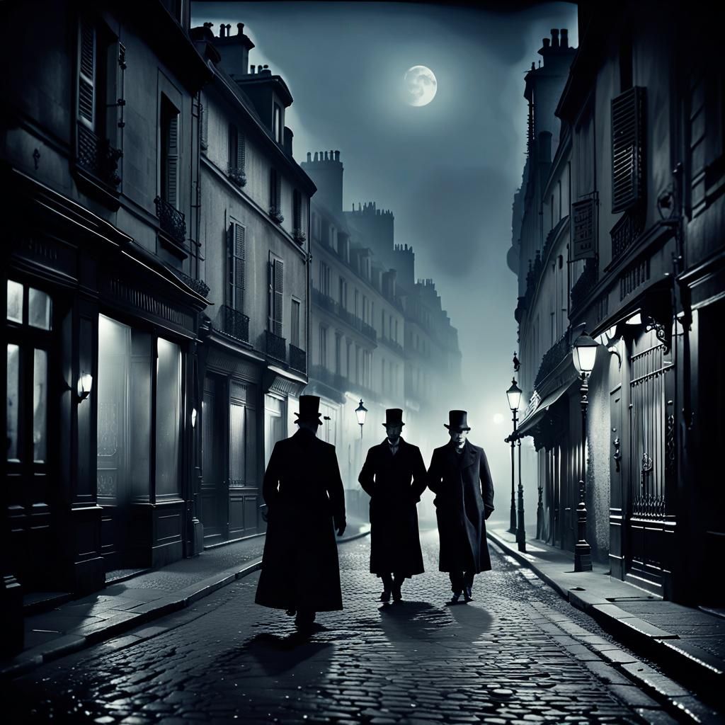 Three dark, elegant figures haunting dark foggy alleys of Paris in the ...