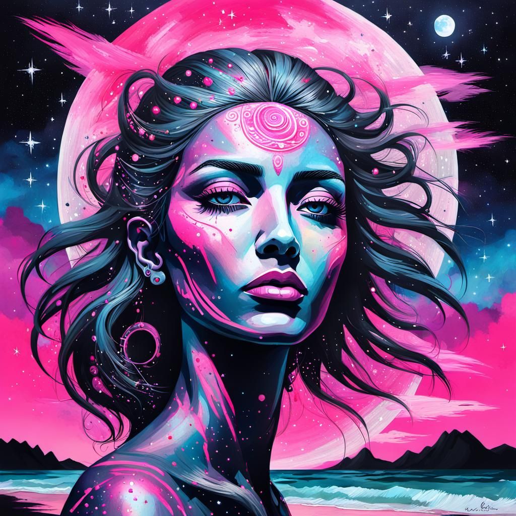 Double exposure. Beautiful Annunaki goddess with a starry eyed gaze, staring past the camera. Moonlit night sky during a meteor shower on a...