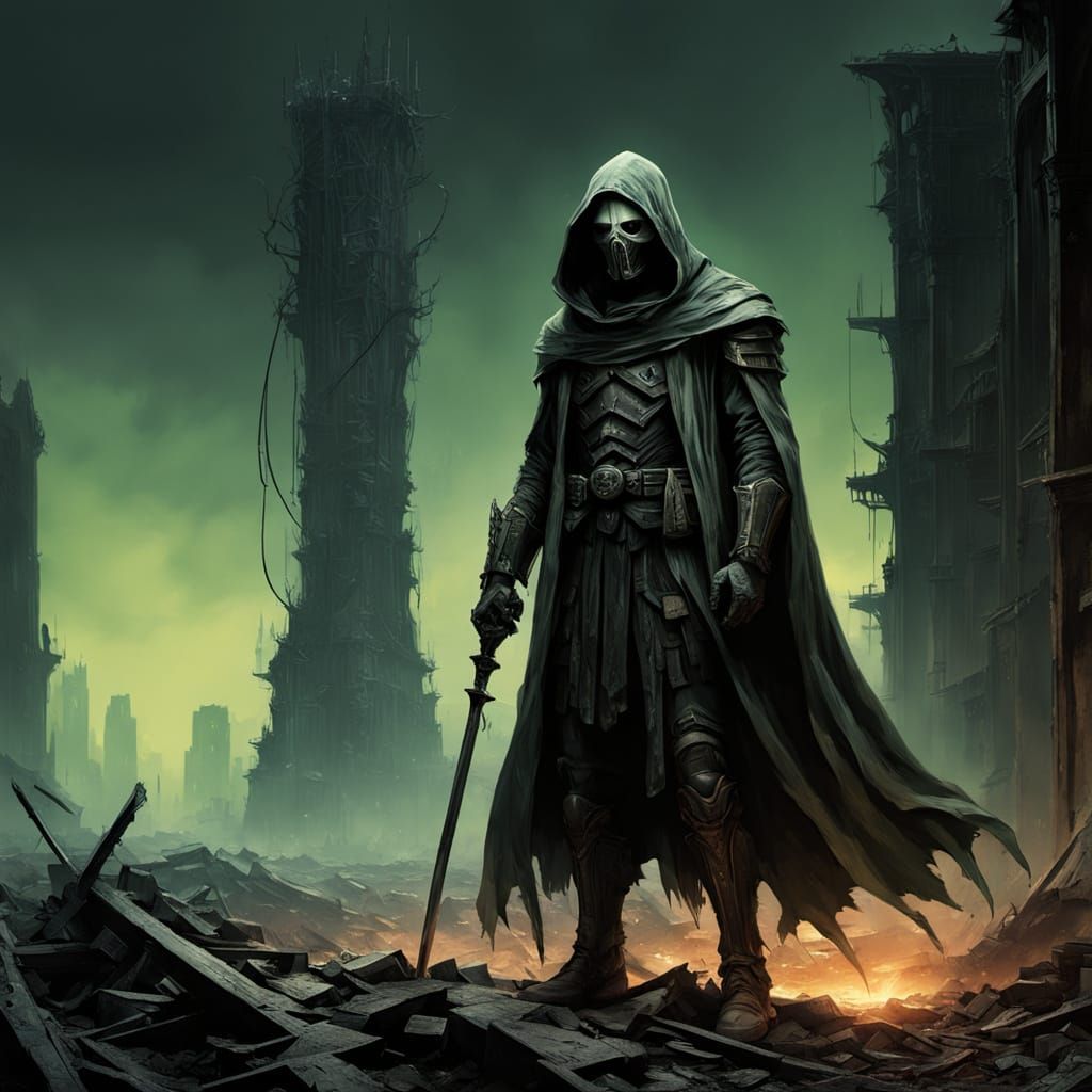 Dark Reaper Amidst Post-Apocalyptic Ruins in Cyberpunk Style