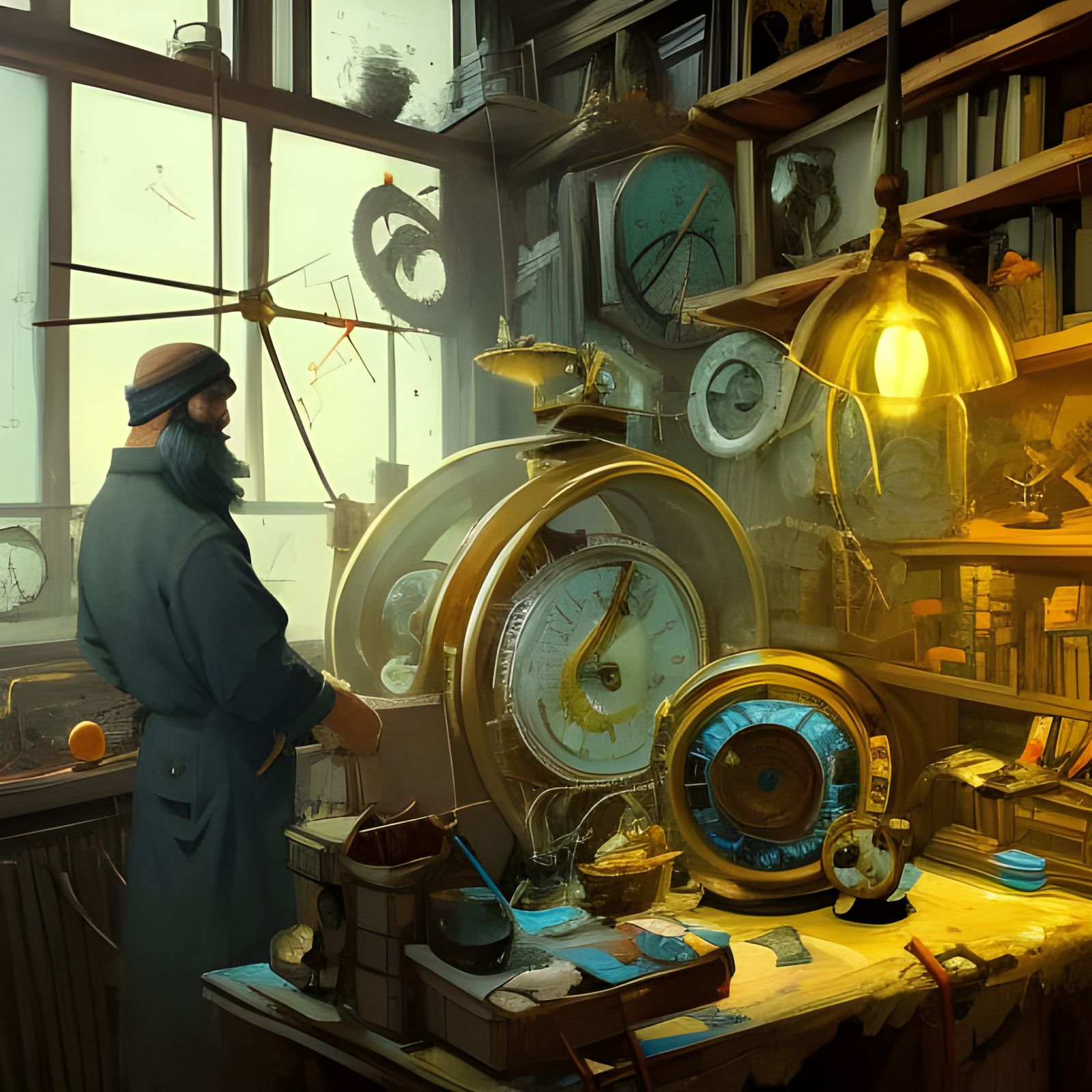 Clockmaker experimenting with time travel AI Generated Artwork