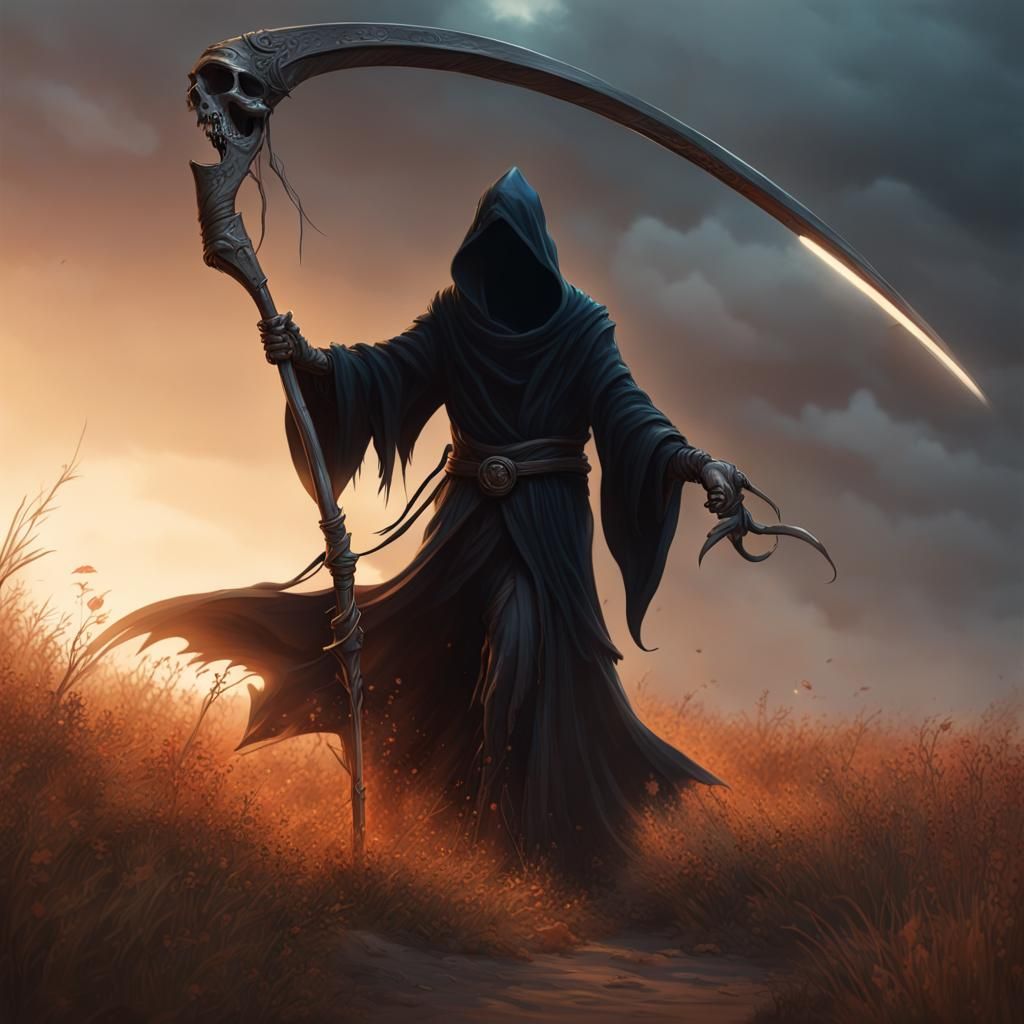 grim reaper, swinging scythe, scythe sucking light and color from land as it is moving
