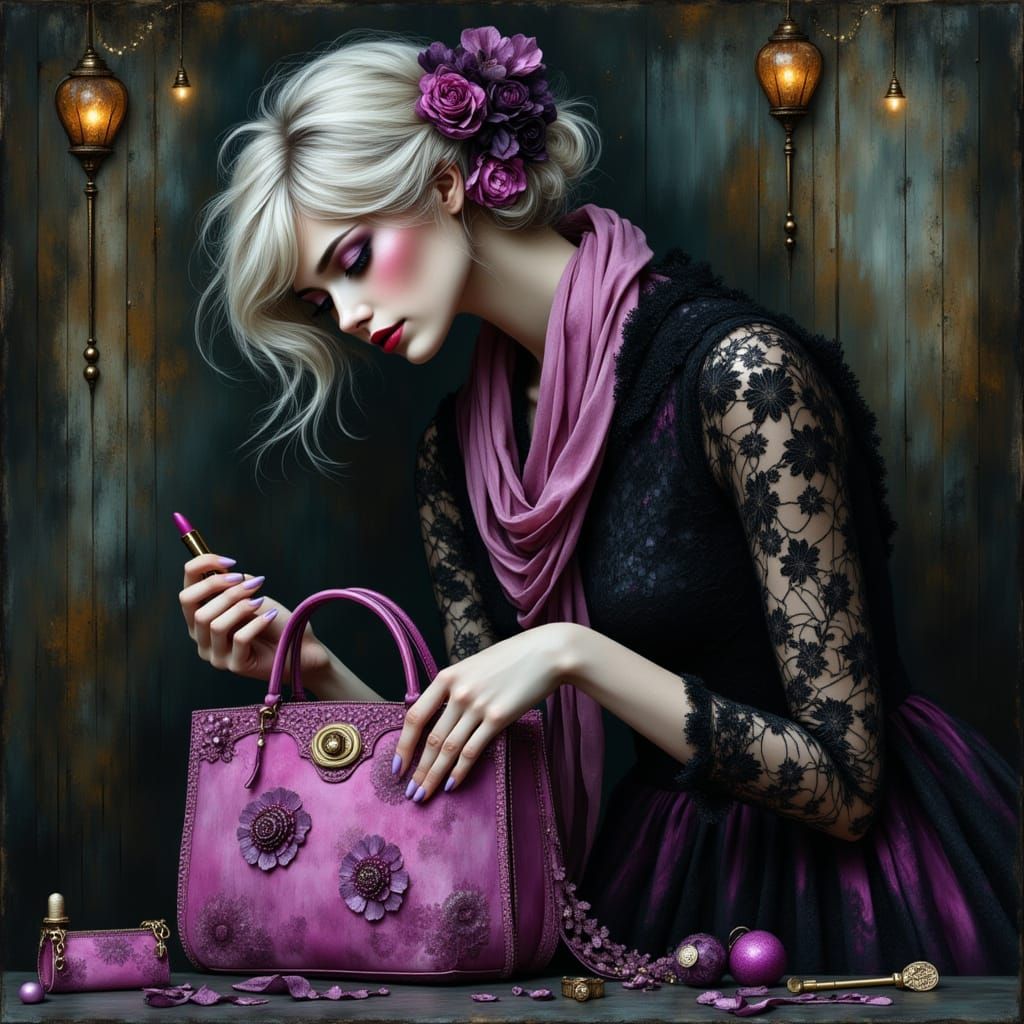 Tim Burton Inspired Woman with Fuschia Bag