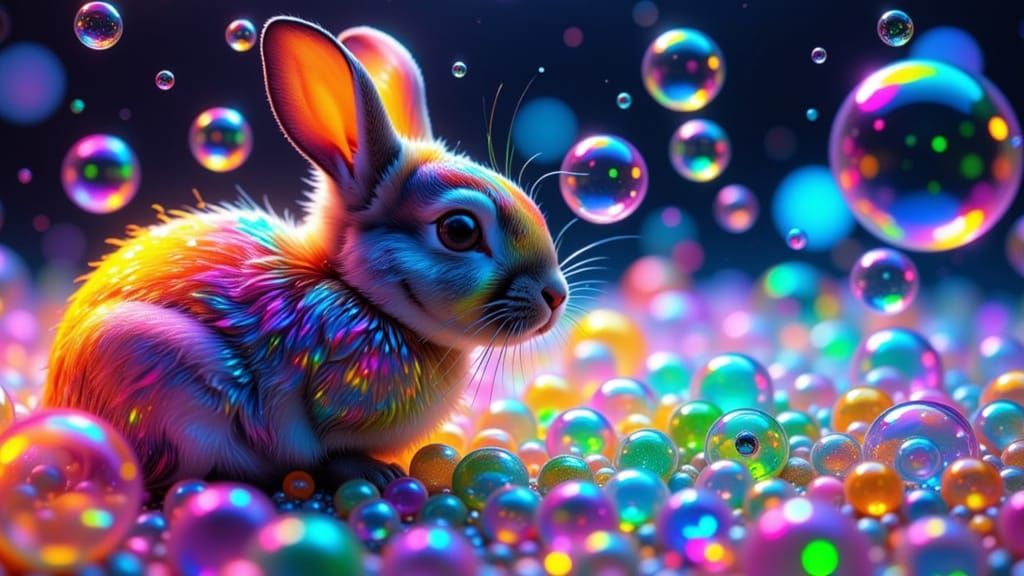 million bubbles, fluorescent Patatcreatmouf the rabbit,  Glowing and shimmering landscape of bubbles <lora:Zeste-Citron Bubble1:1.0>