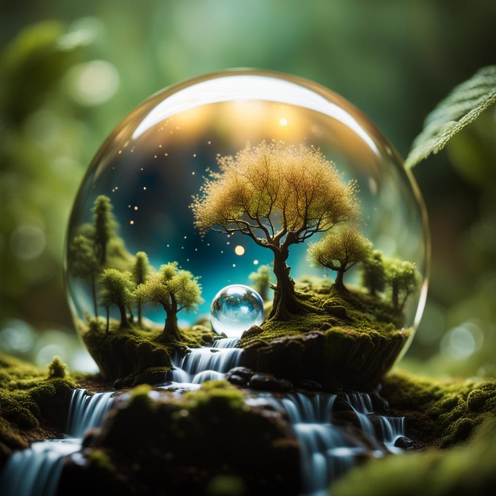 An orb containing a tiny, detailed world, full of life and activity.  by @amrellin