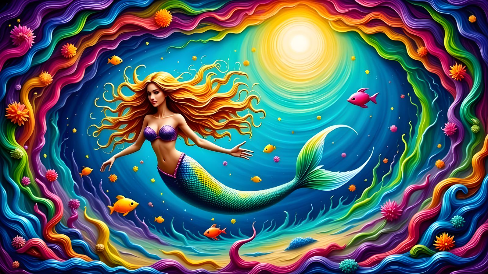 Masterpiece Airbrush fantasy Art with rich, deep, vibrant colors  A dreamlike oasis scene under the sea of a beautiful mermaid swimming amid...