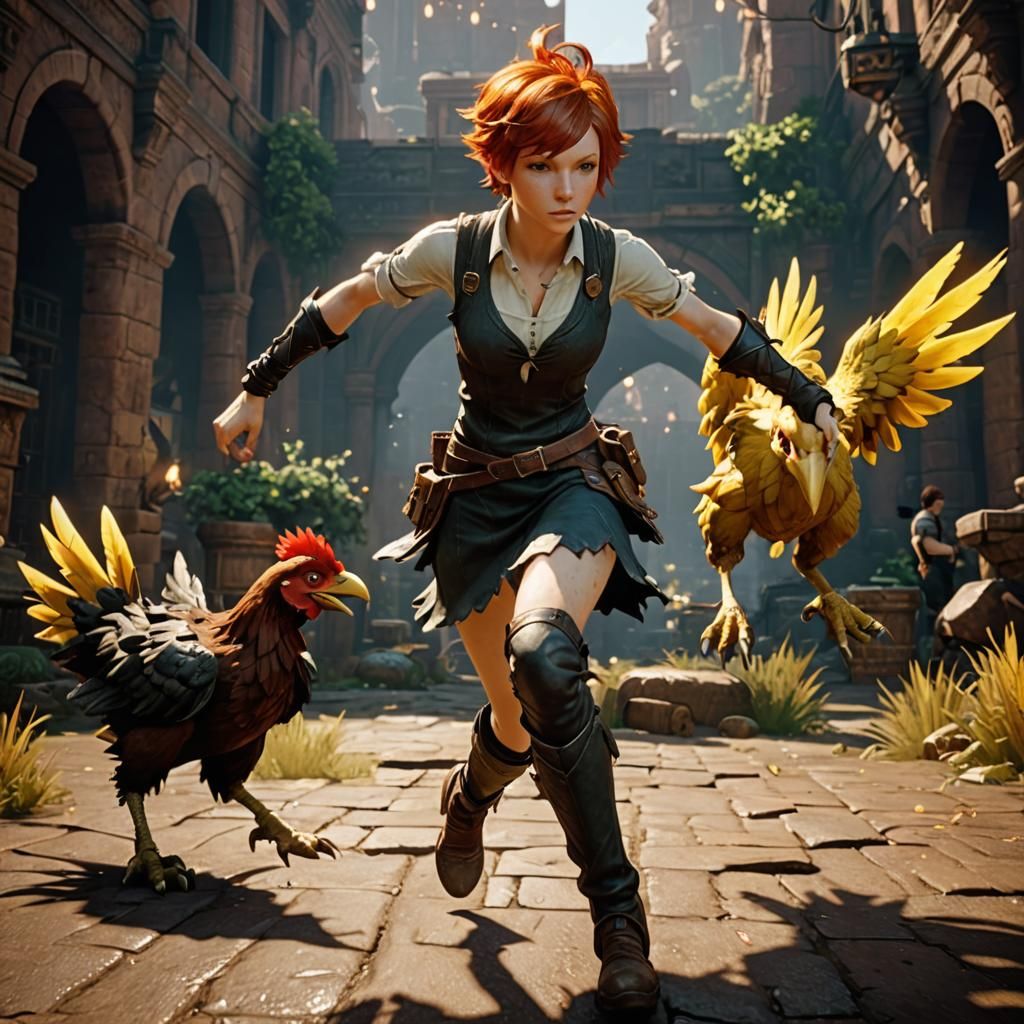Barefoot redhead girl with a pixie cut fighting a Chocobo, v...