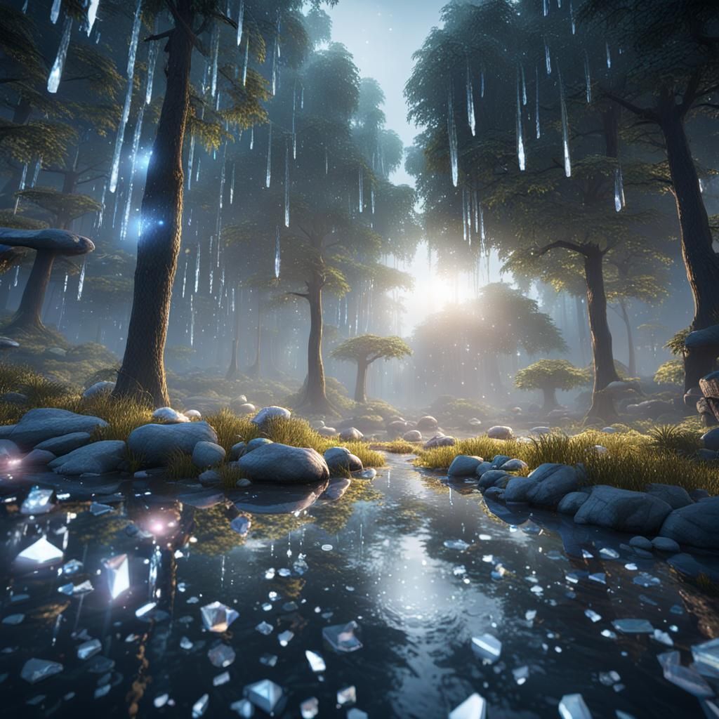crystal rain around trees covered with crystals