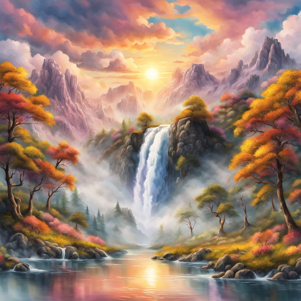 Psychedelic Cloudscape Waterfall in Bob Ross Style