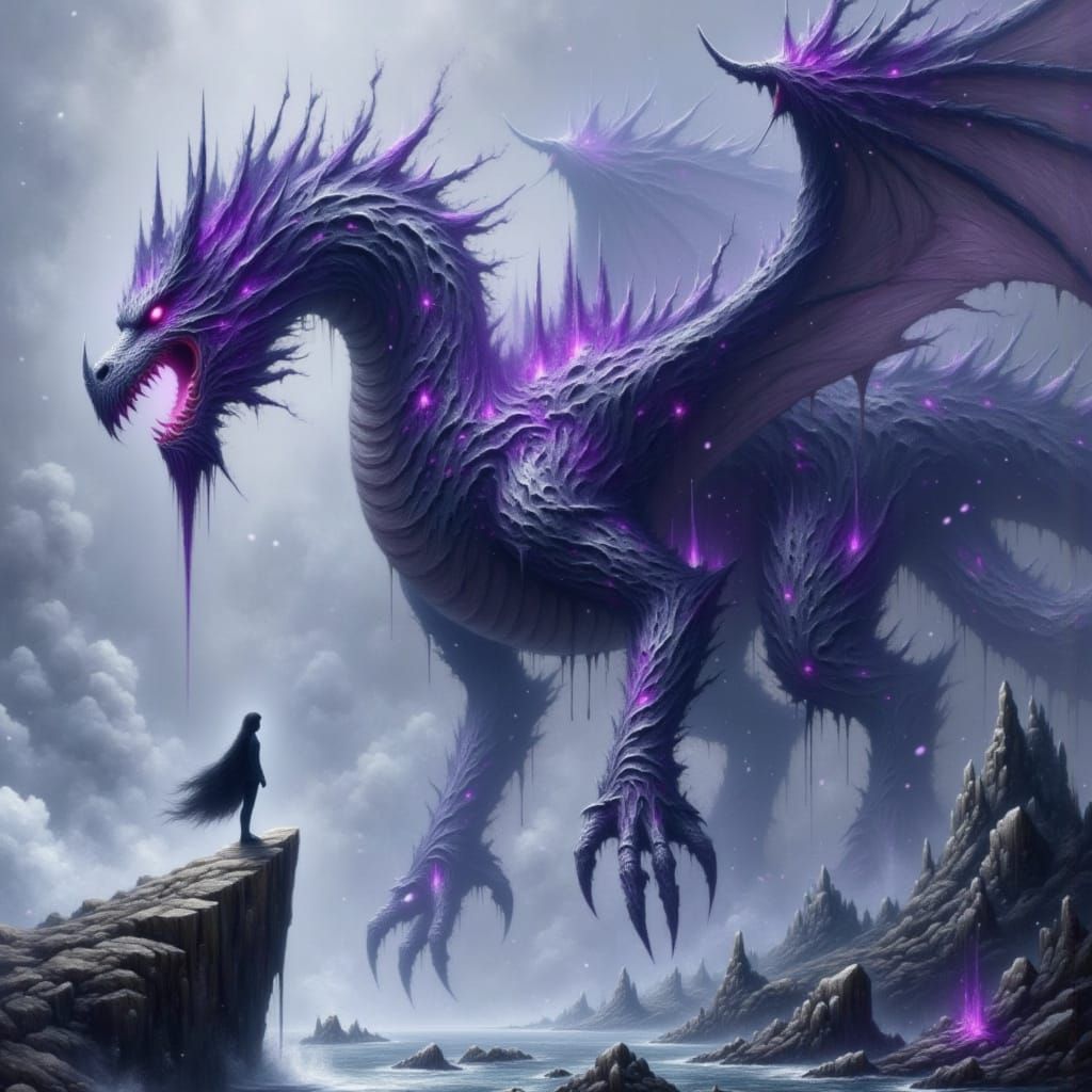 <lora:Elegant Paint Drip:1.0> Create a hyper-realistic and highly detailed illustration portraying a colossal dragon with cracked stone surf...