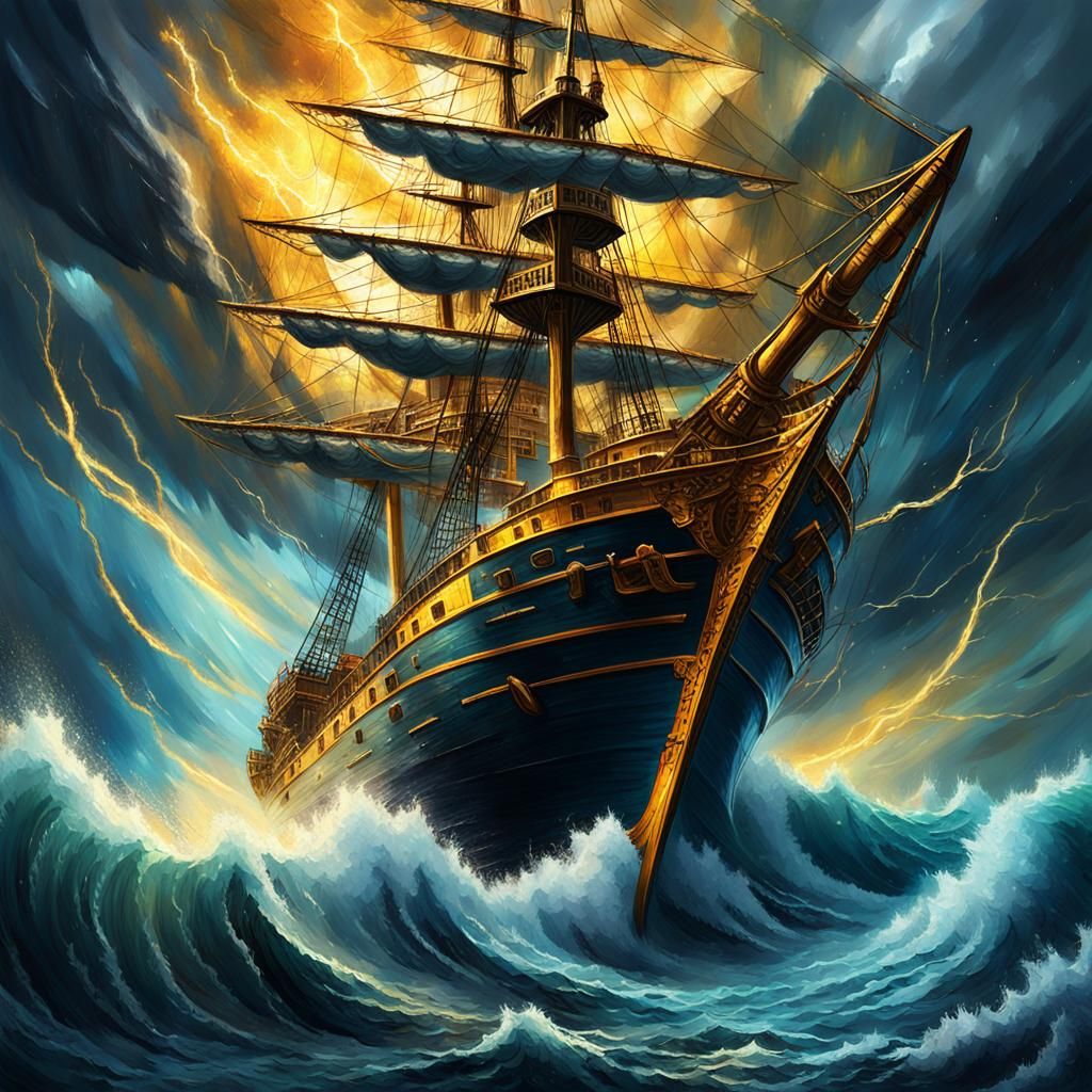 Ship in Electrifying Storm: Fantasy Concept Art