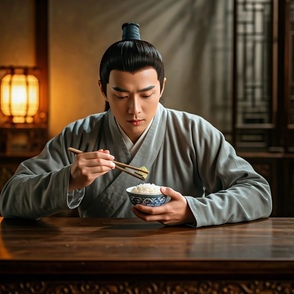 Chinese Man Eating Rice, Ink Wash Style