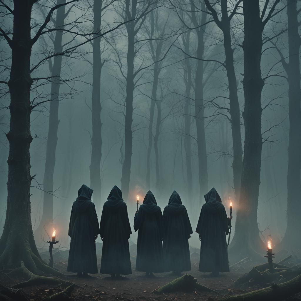 Eerie Witches' Ritual in Misty Forest: Cinematic Still