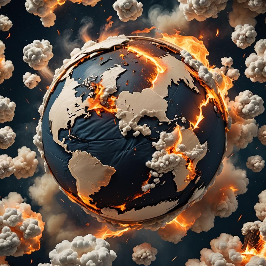 the earth is a globe made out of cotton, on fire, broken, sp...