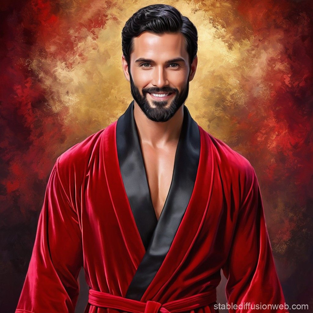 A   cute man with  black  hair and  beard  wearing a  red ve...