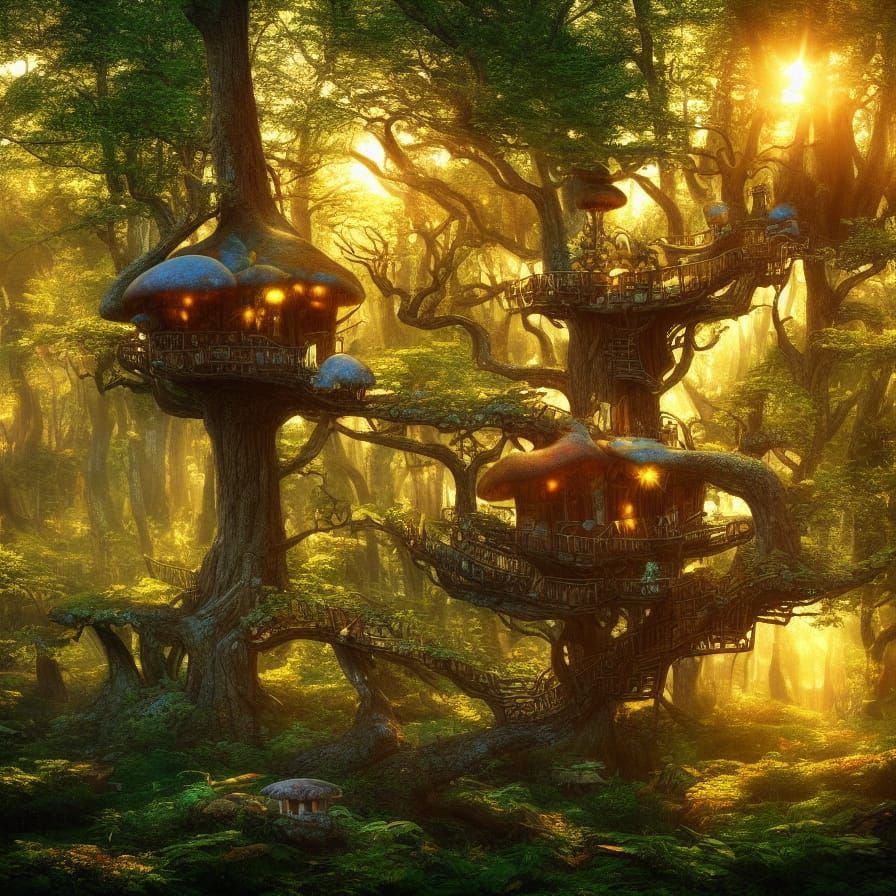 Treehouse in the fairy mushroom forrest 8K resolution golden hour sunshine rays mysterious hyperdetailed ... undefined