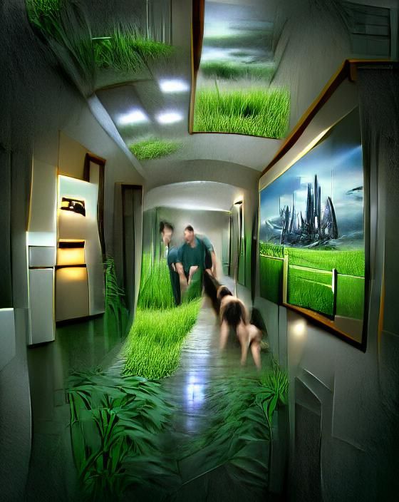 Modern home corridor with floor made of grass matte painting