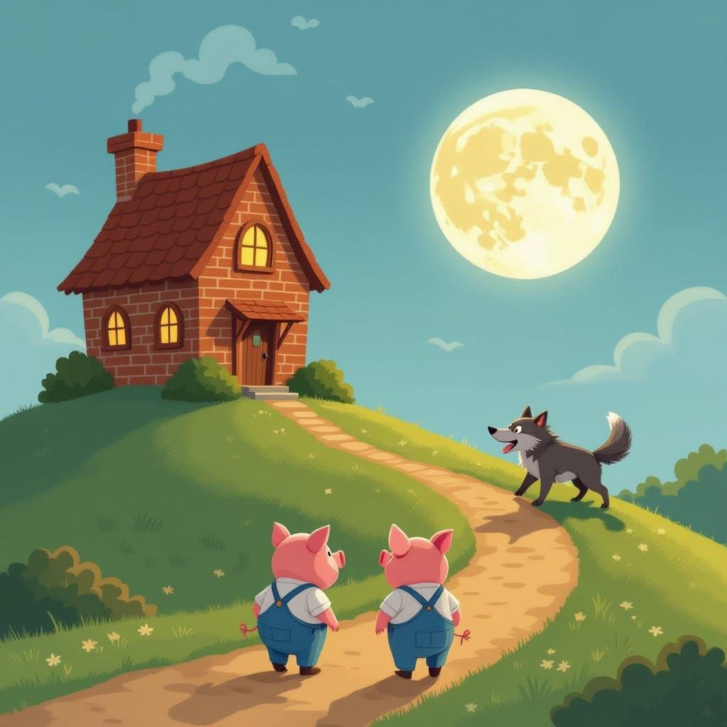 Fairytale Illustration: Pigs Flee Wolf Towards Quaint Brick ...