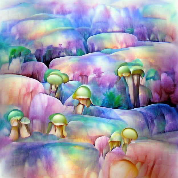 Pastel Mushroom Forest beautiful iridescent watercolor