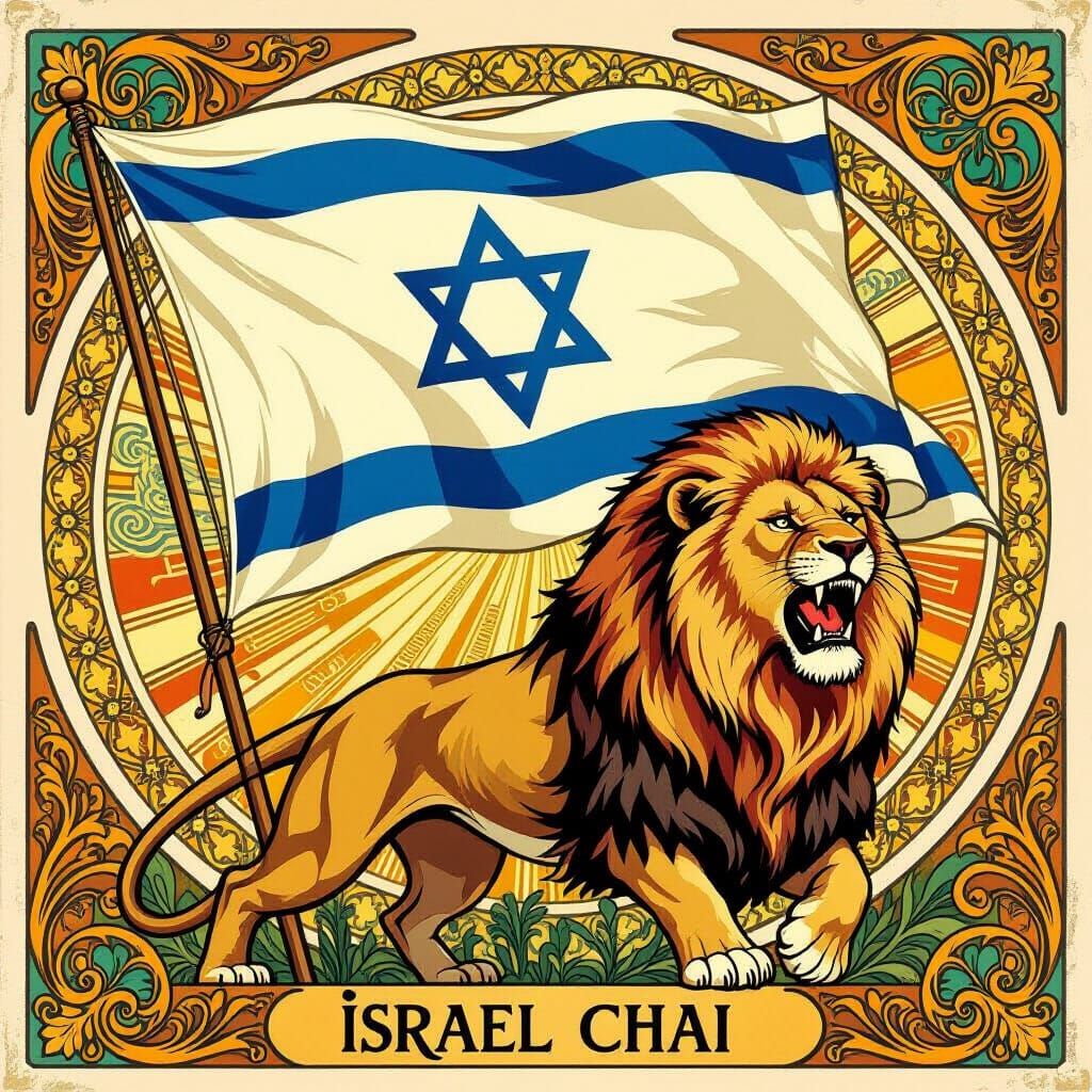 Israel Flag with Lion and "Israel Chai" in Art Nouveau Style