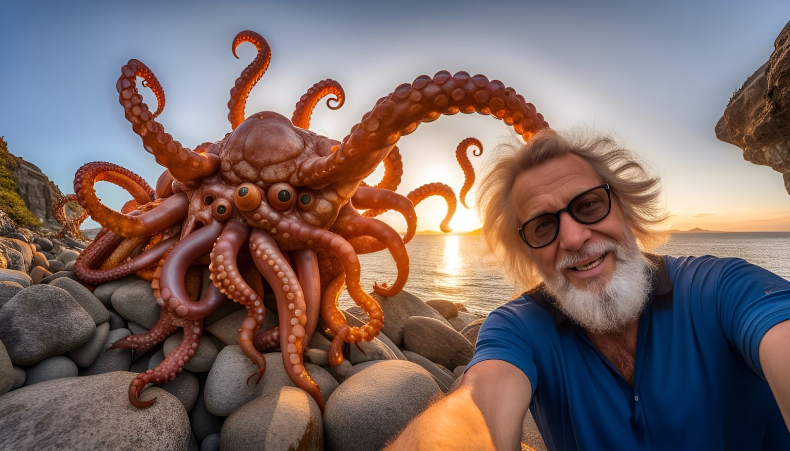 bob bruhin taking a selfie with the squid-like multi-headed monster Scylla on a rocky Greecian seashore ...  by @Bob Bruhin