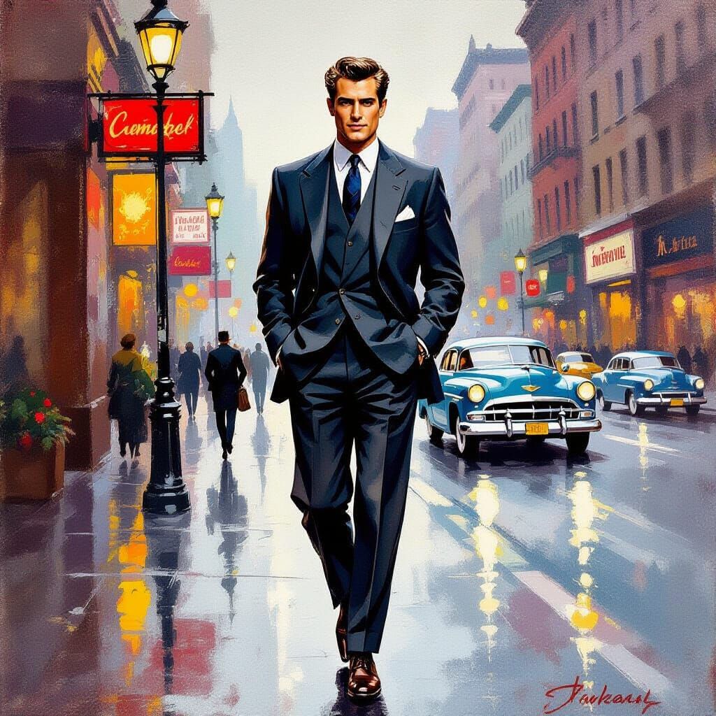“A stylish 1950s man in classic postwar fashion, wearing a sharp tailored suit with broad shoulders and narrow waist, slicked-back hair, and...