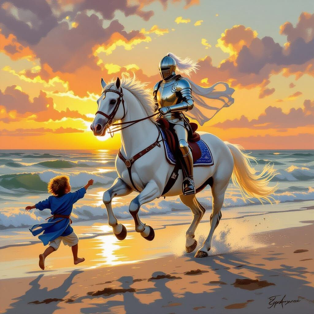Majestic Knight Horse Gallops on Seashore at Sunset