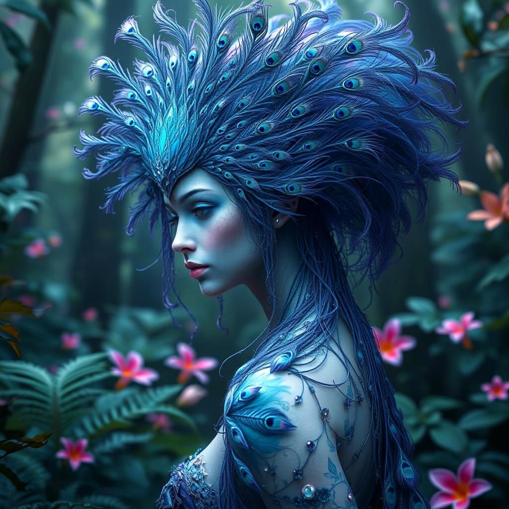 Ethereal Fae Queen with Peacock Feather Hair in Vibrant Fore...