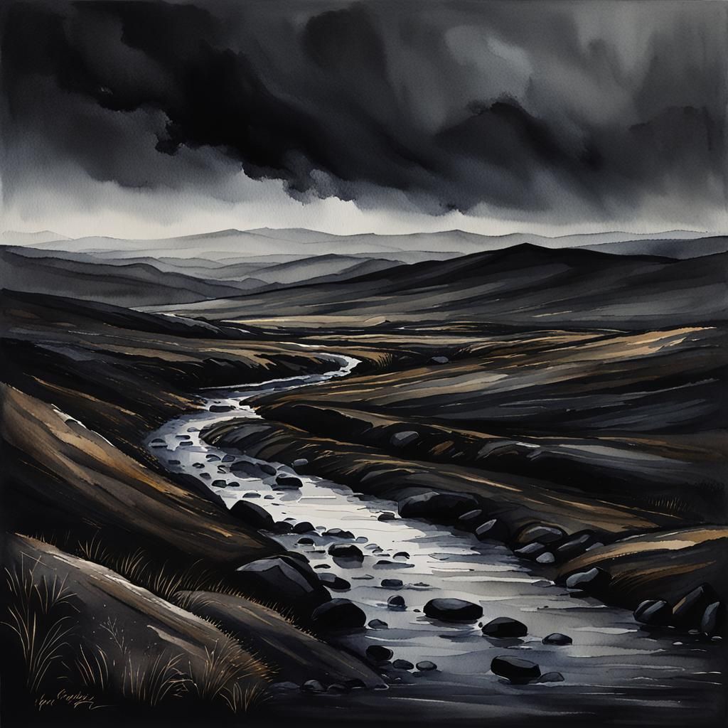Watercolour of a dark and moody landscape epitomising the em...