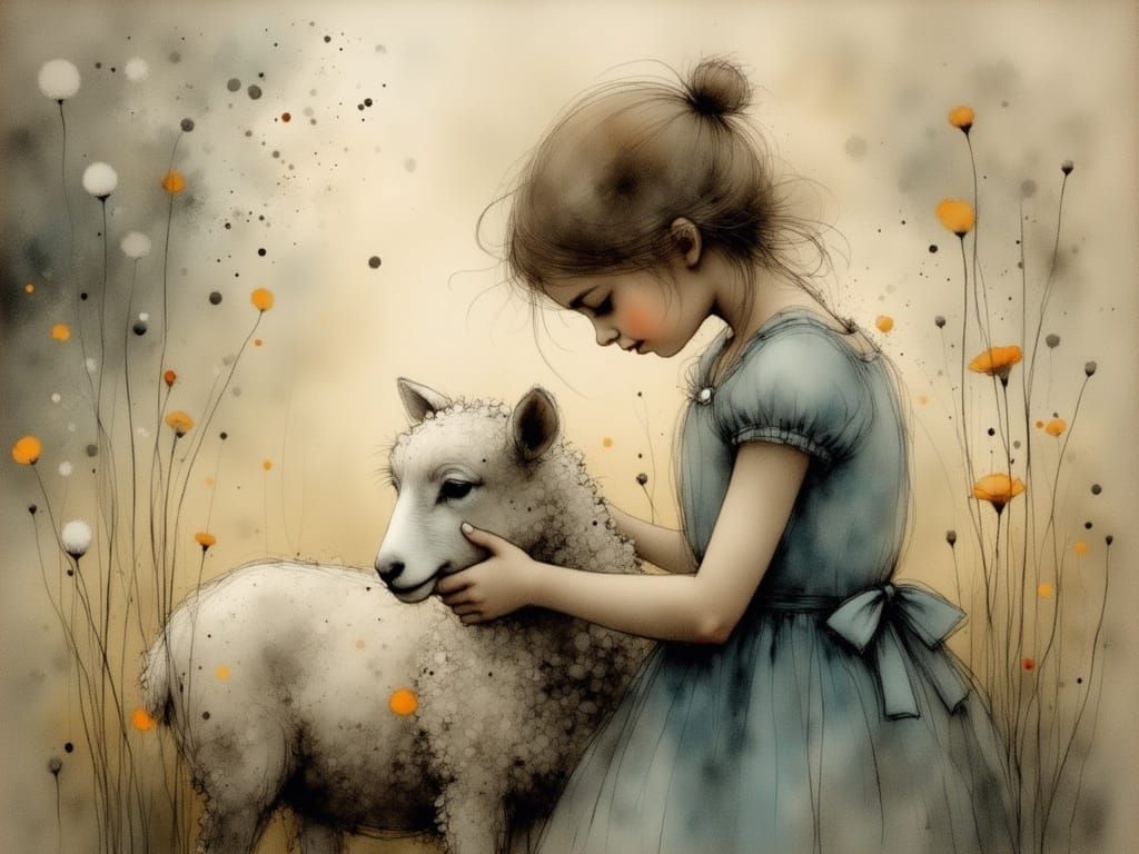 The little girl caresses her sweet lamb, beautiful morning light, by Stewart Edmondson, Thomas Wells Schaller and Nita Engle, meticulous, in...