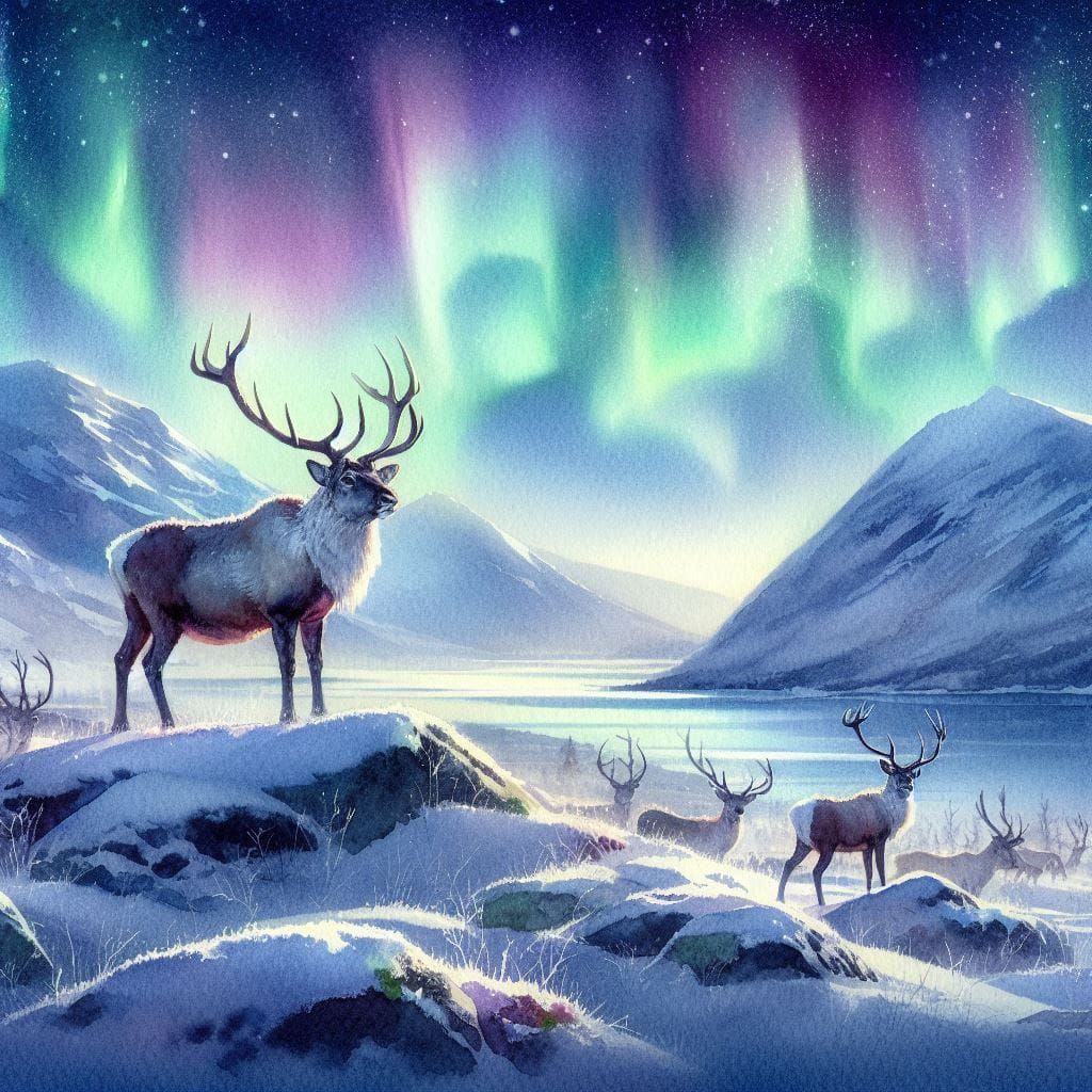 Caribou under Northern-light in Scandinavian mountains
