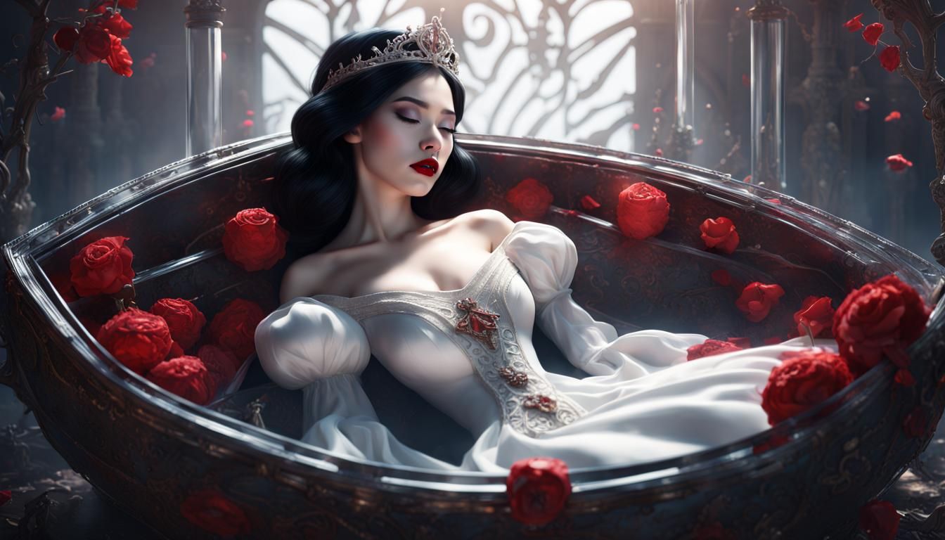 Asian princess Snow White, white skin, closed eyes, black ha...