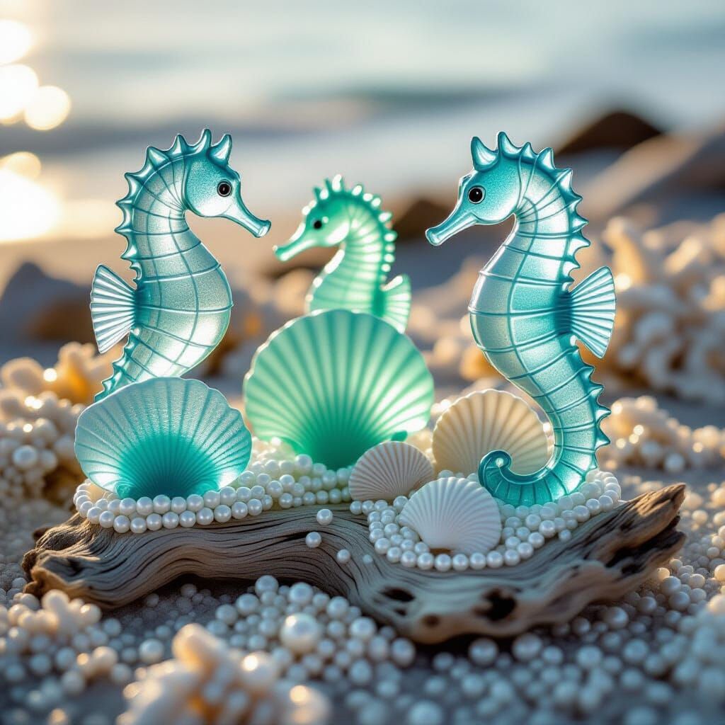 A collection of mesmerizing sea glass sculptures glistening under soft coastal sunlight. Each piece is ...  by @LaDonna 