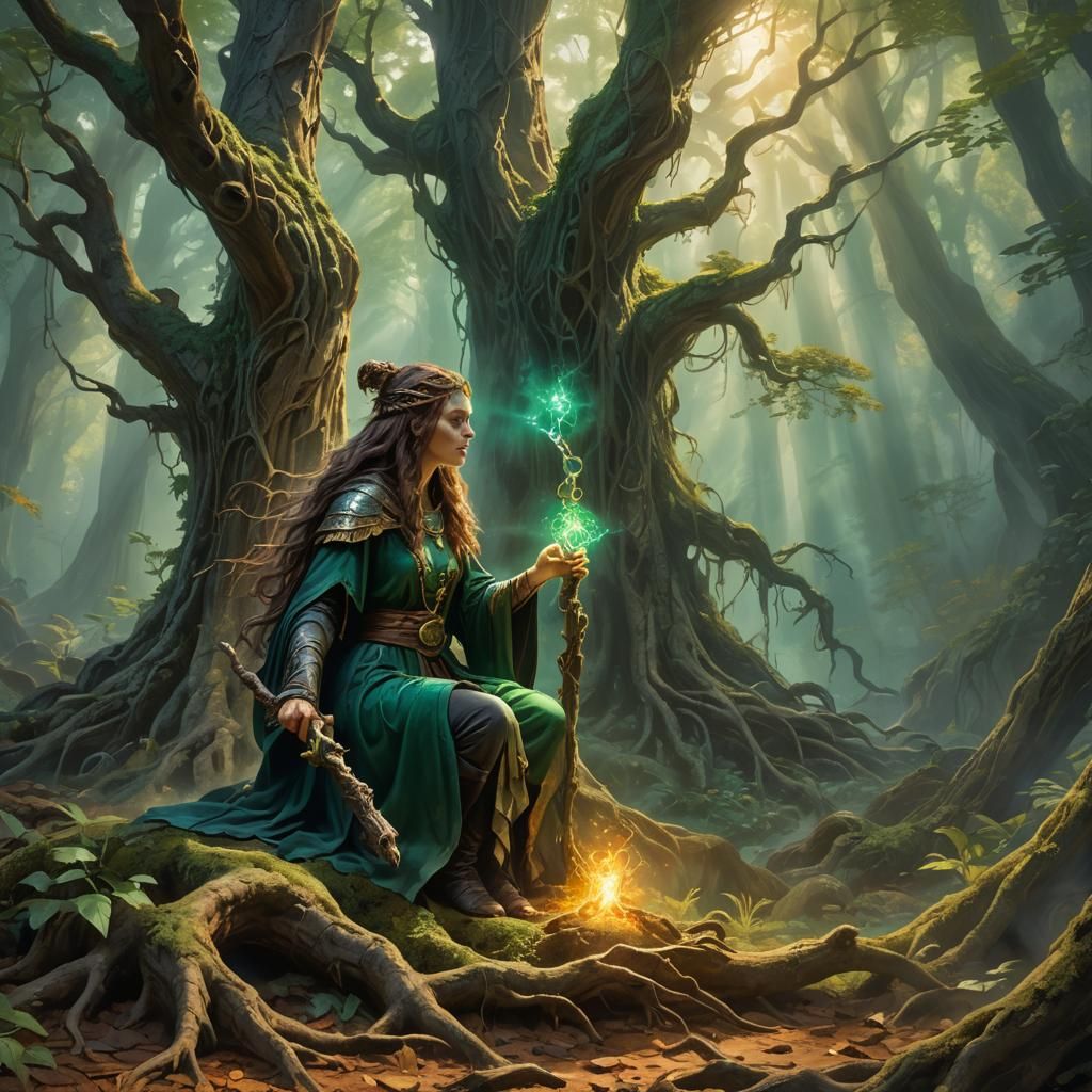 Mystical Sorceress in Forest with Glowing Staff