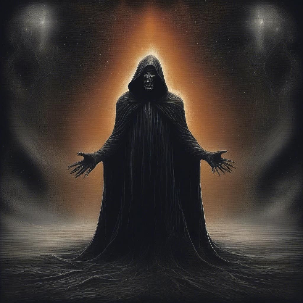 Very creepy final boss like scary sinister art creation of my original character Ultimar entering dragon ball super Zeno...