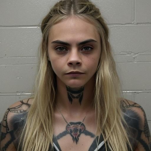 Image of a prisoner photograph of Cara Delevingne, long messy dirty ...