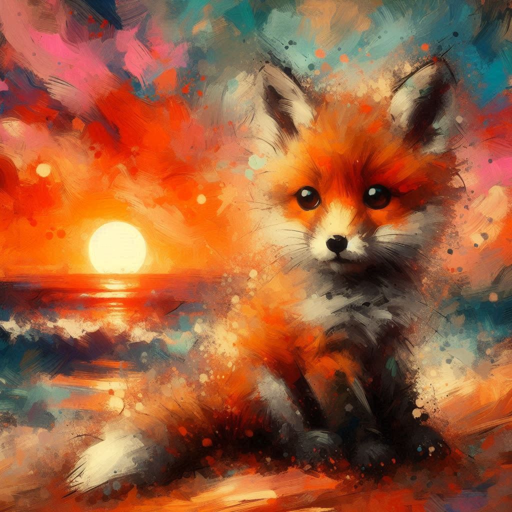 Oil painting fox pups