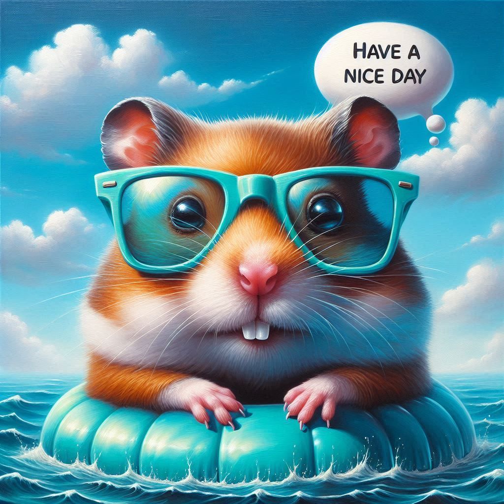 modern surrealism fantasy, short, 3d animated abstract landscape of a realistic hamster, wearing turquoise sunglasses an...