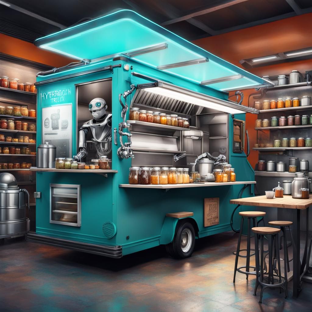 (robot food truck2) with robot chef making coffee . Shelves full of