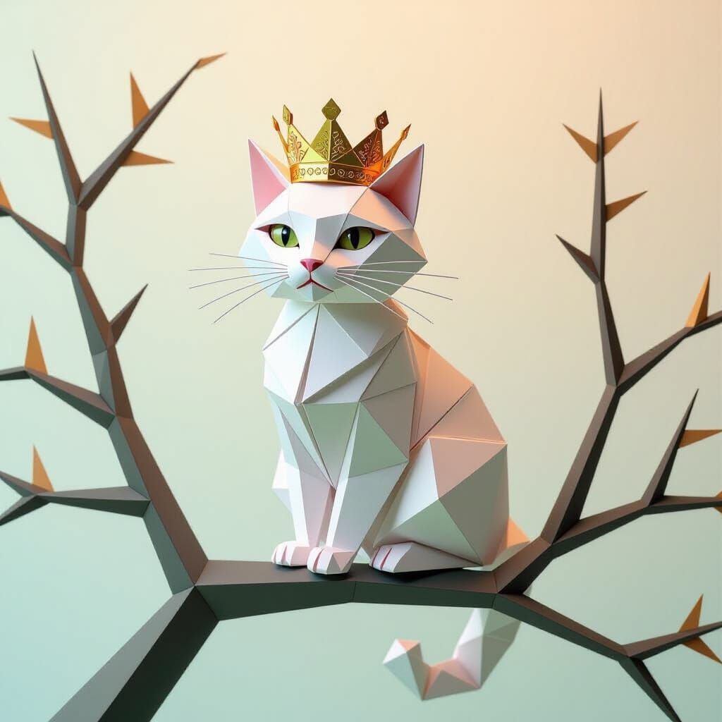 An origami sculpture of a majestic cat wearing an intricate crown made of folded paper. The cat is perched ...  by @I am the king